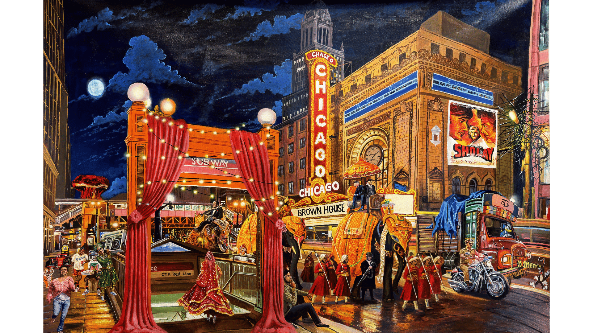 Chicago Theatre original oil on canvas by Abhay Sehgal, surreal royal procession and bride on a Chicago downtown street